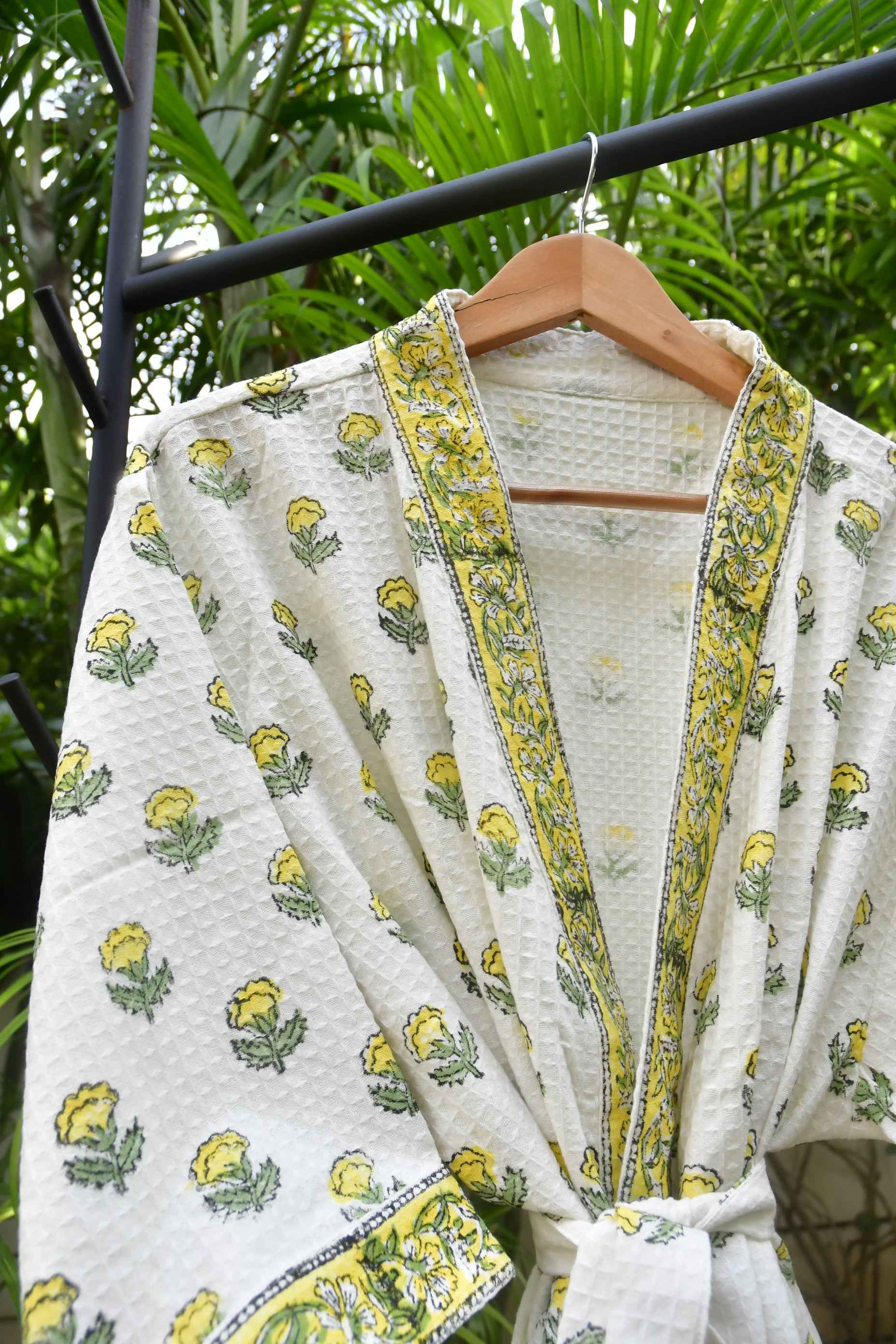 Yellow Buti HandBlock Waffle Cotton Bathrobe