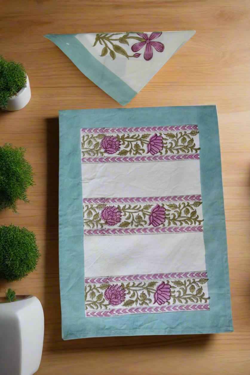 Sky blue and Pink Floral Table Mat Napkin Runner