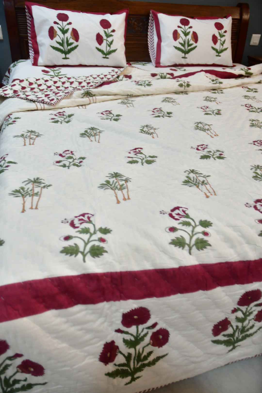 Classic Red Poppy Handblock Cotton Bedding Set