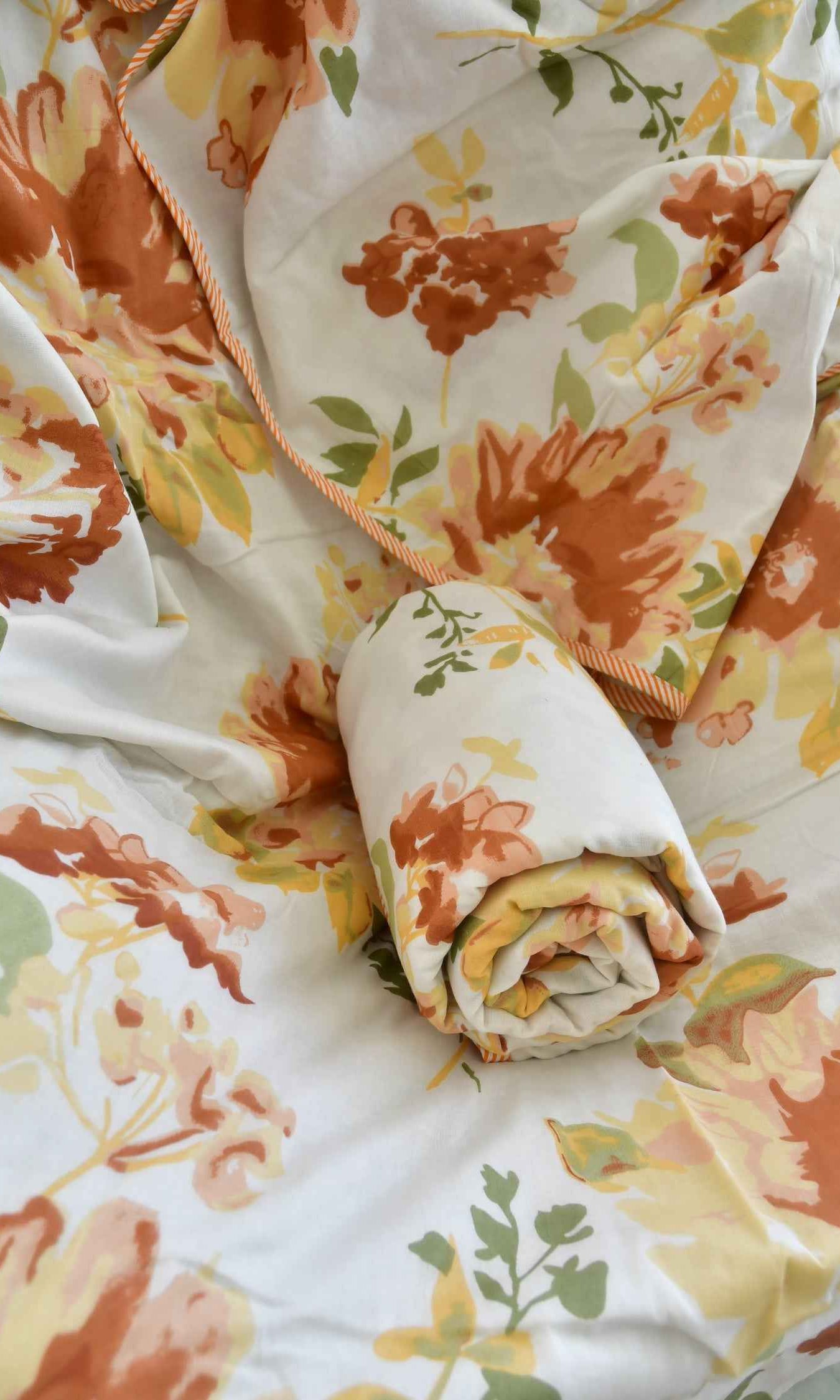 Rust and Yellow Floral Print Dohar | Hand-Blocked