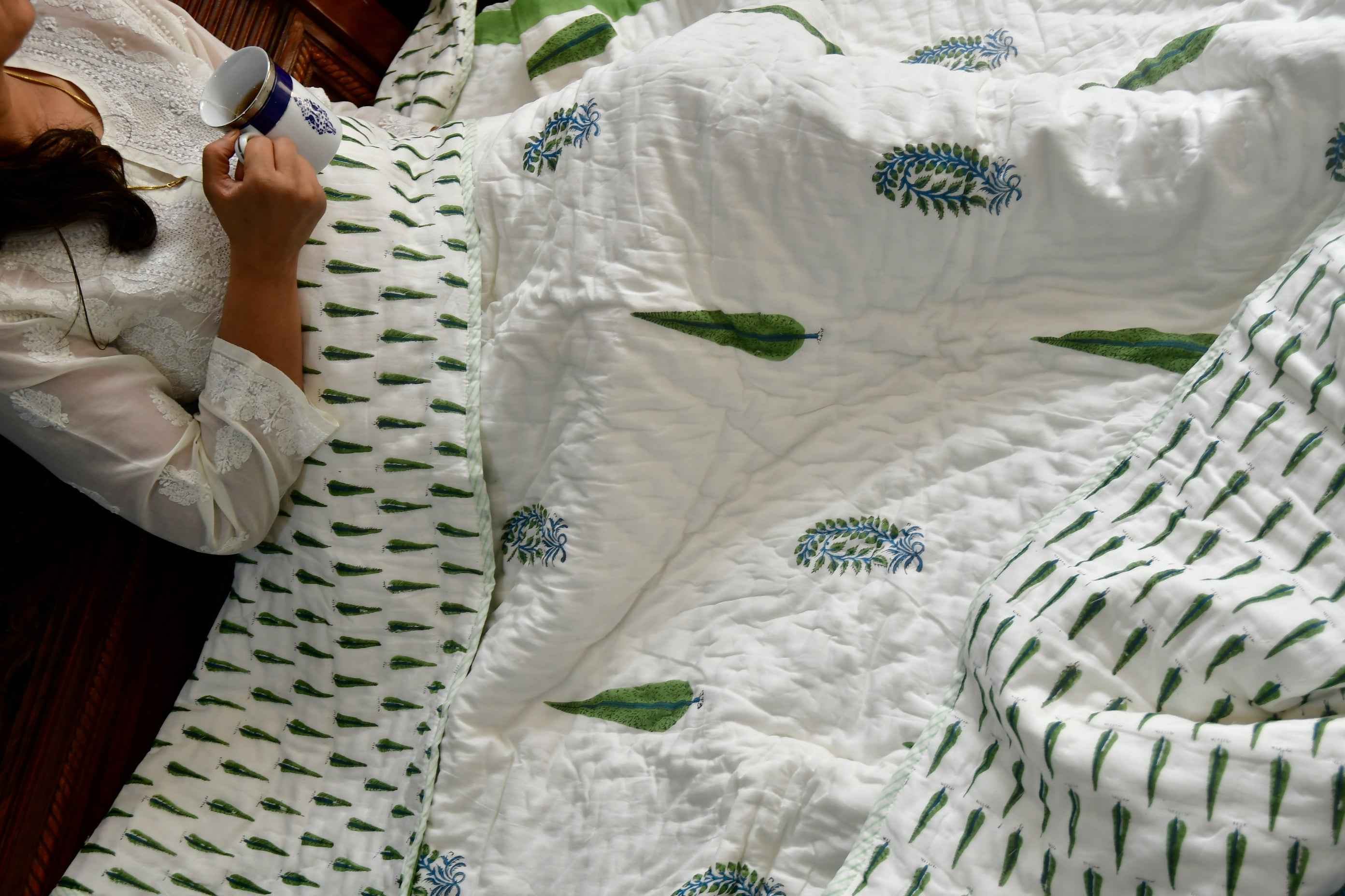 Green Cypress Quilt / Rajai : Handblocked