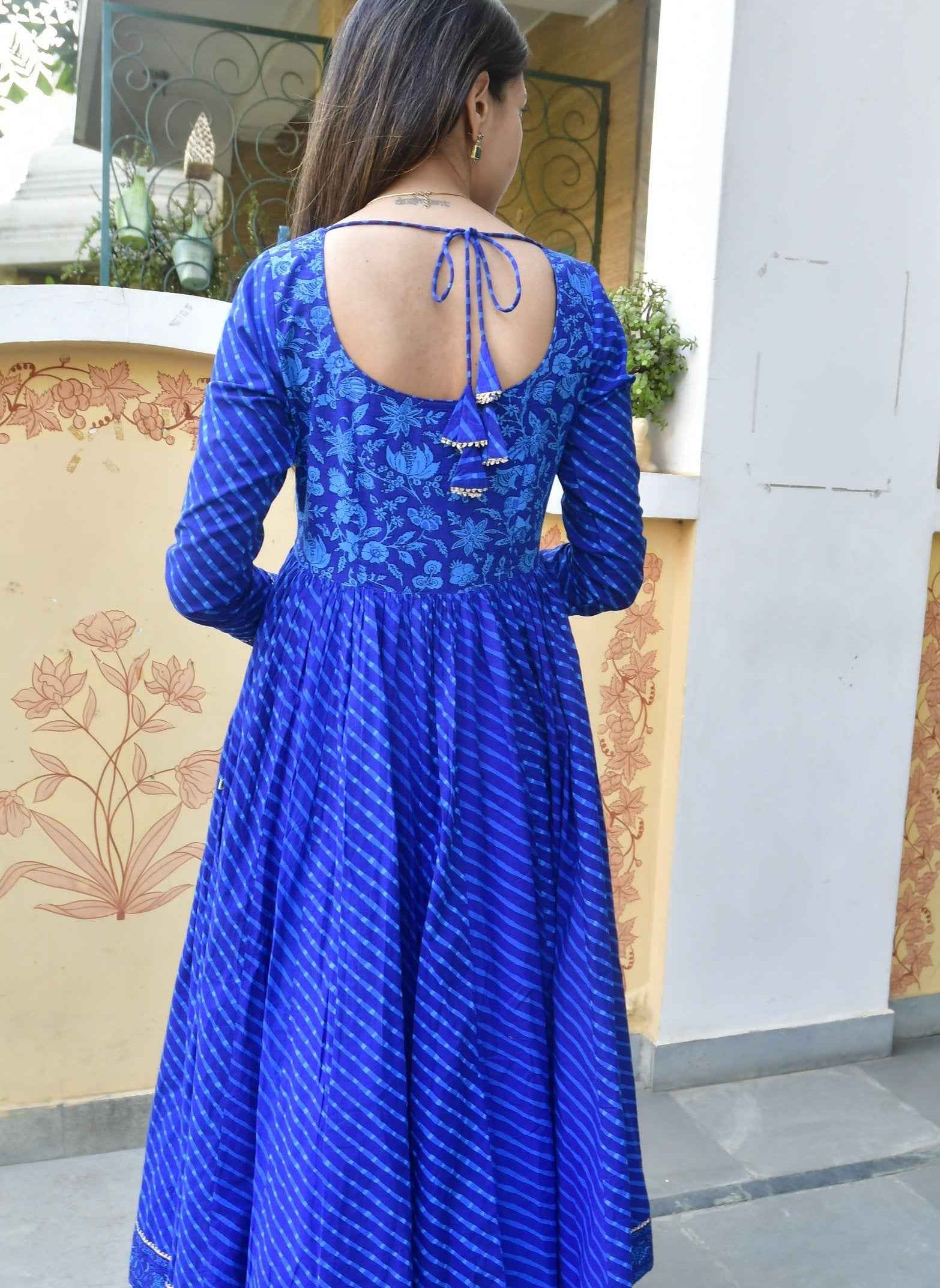 Royal Blue Lehariya Anarkali Handblock : Traditional