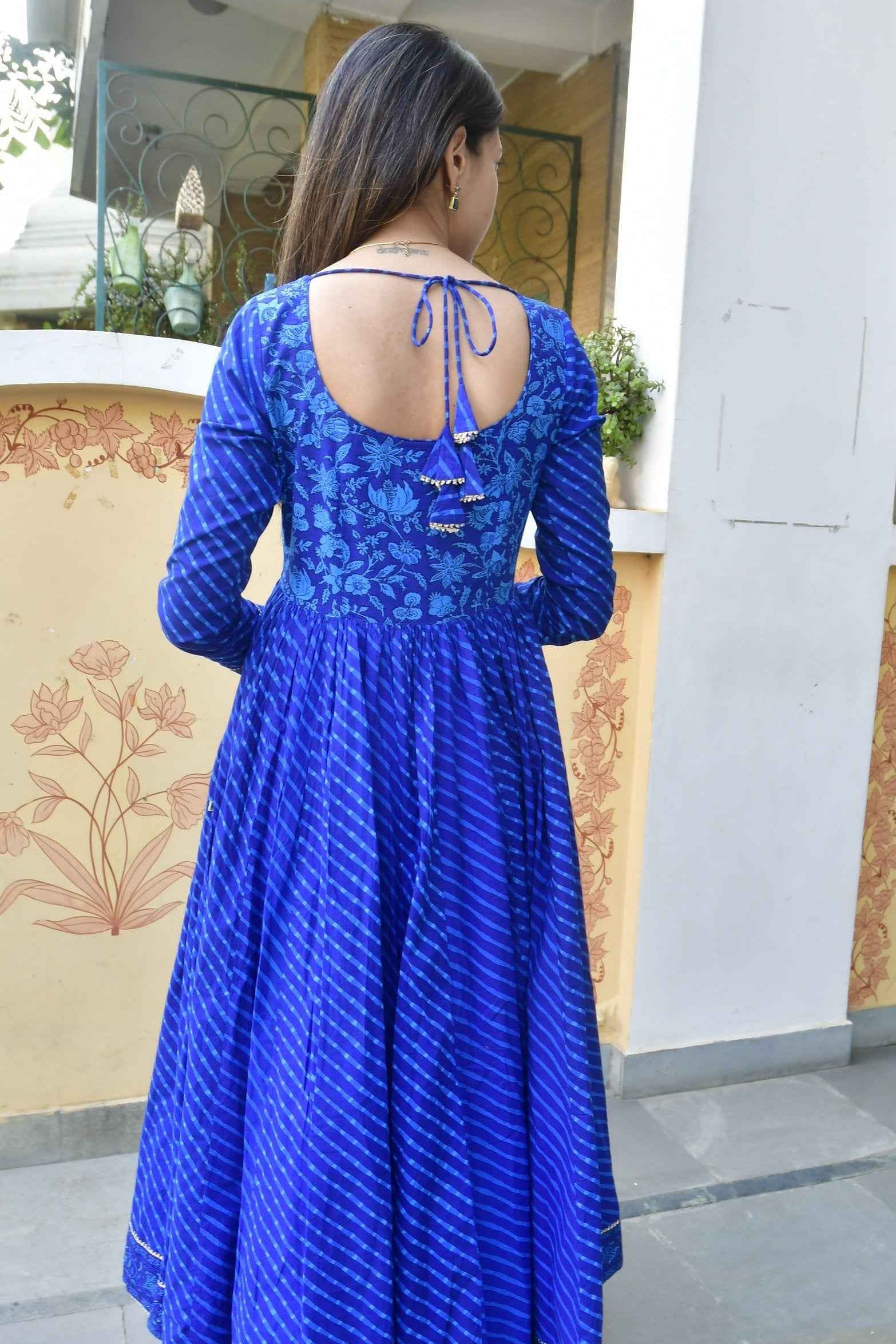 Royal Blue Lehariya Anarkali Handblock : Traditional