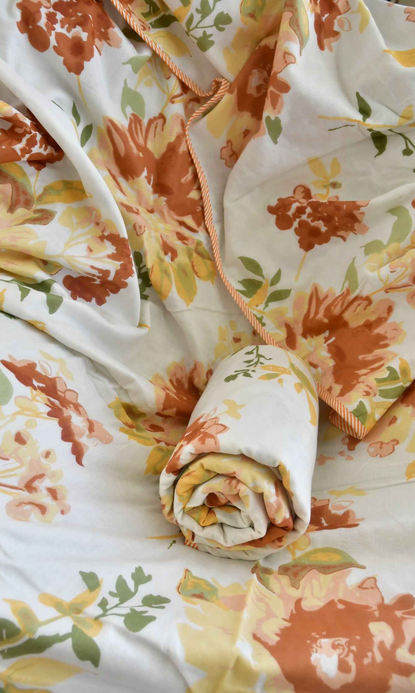 Rust and Yellow Floral Print Dohar | Hand-Blocked