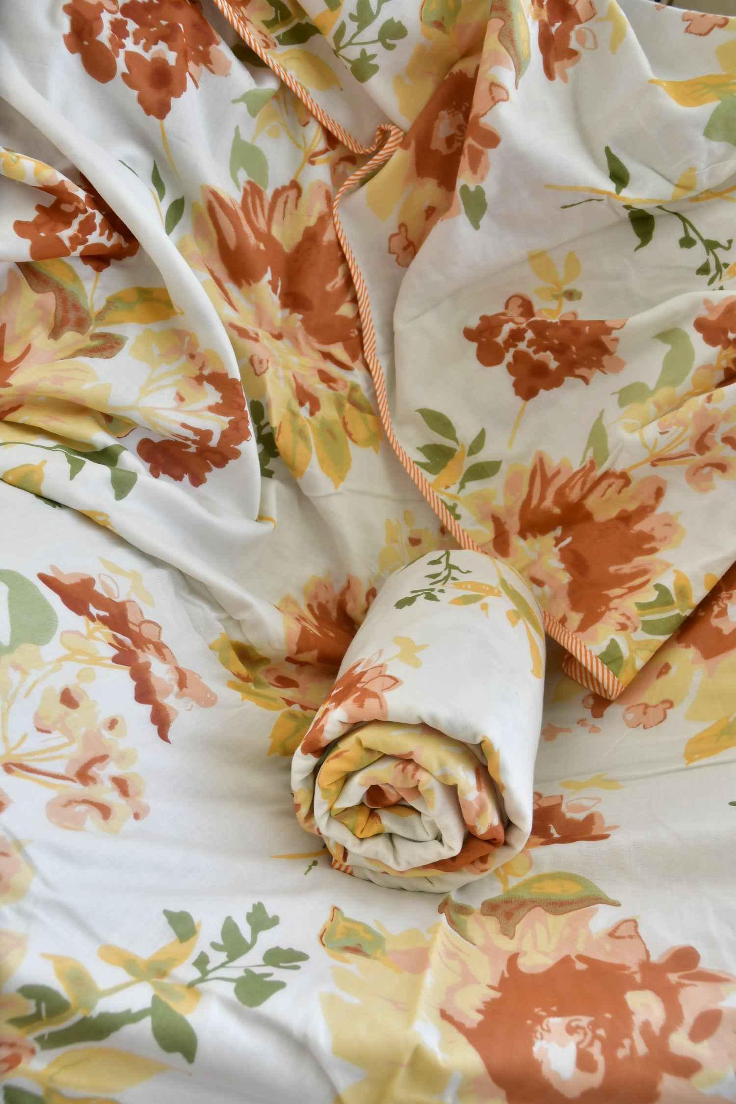 Rust and Yellow Floral Print Dohar | Hand-Blocked