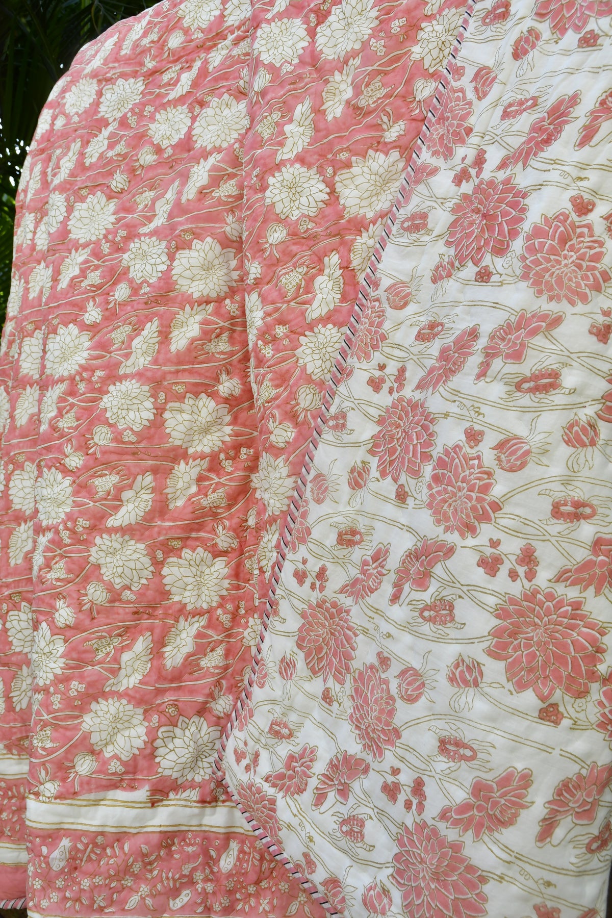 Pink Floral reversible Quilt Hand Block Premium