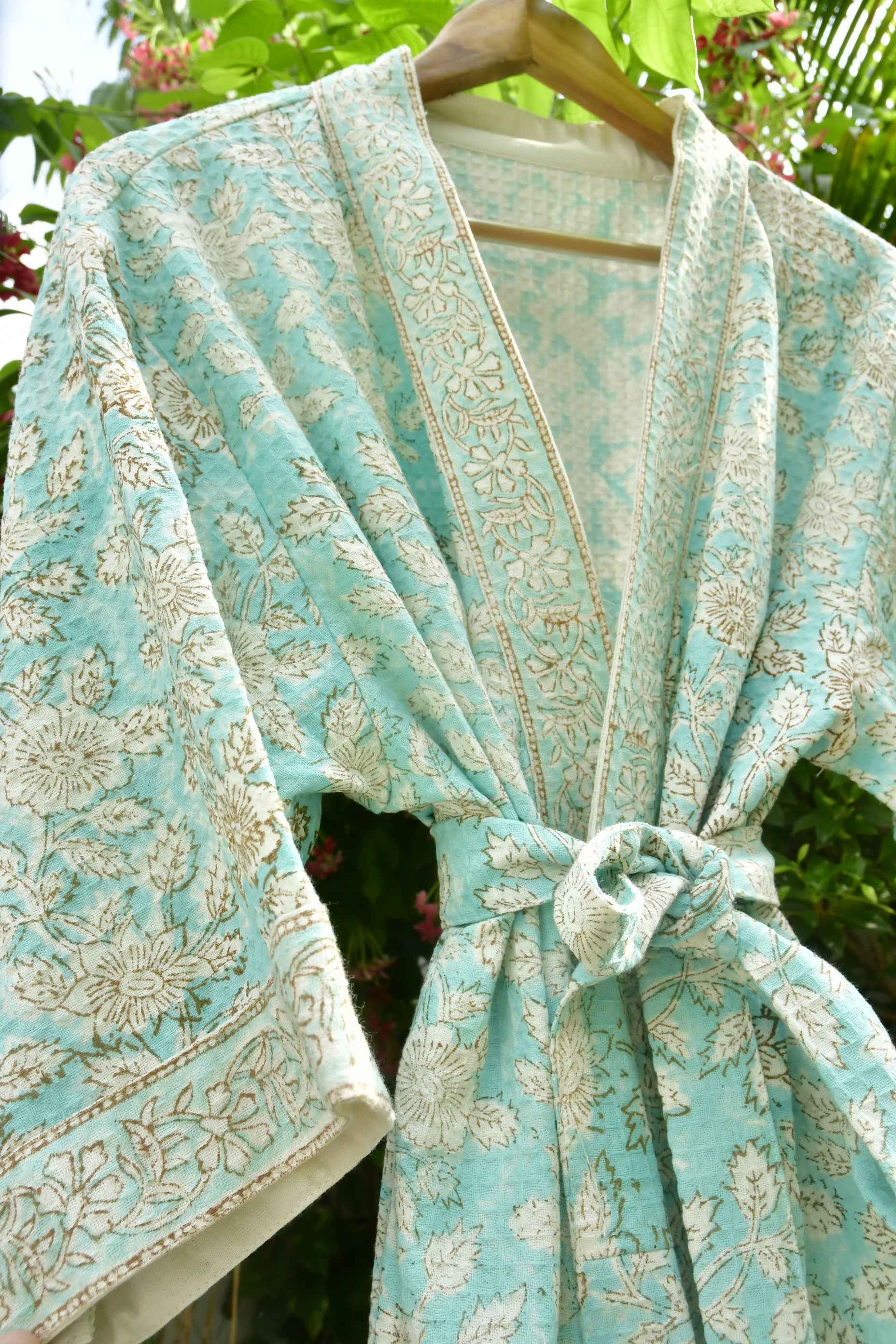 Sea Green floral Waffle Cotton Bathrobe