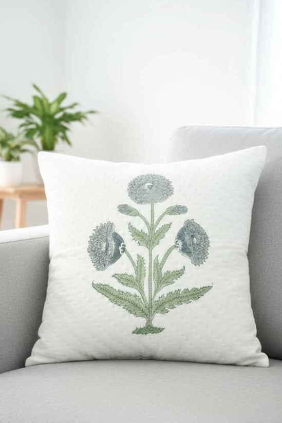 Blue Grey Poppy Cotton Cushion Cover – Hand Quilted, Designer Floral