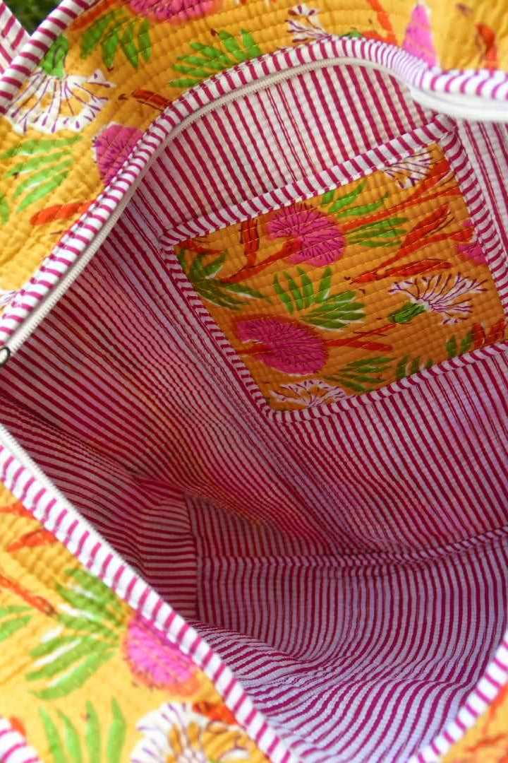 Yellow Blossoms Zipper Tote Bag: Hand-Blocked Beauty