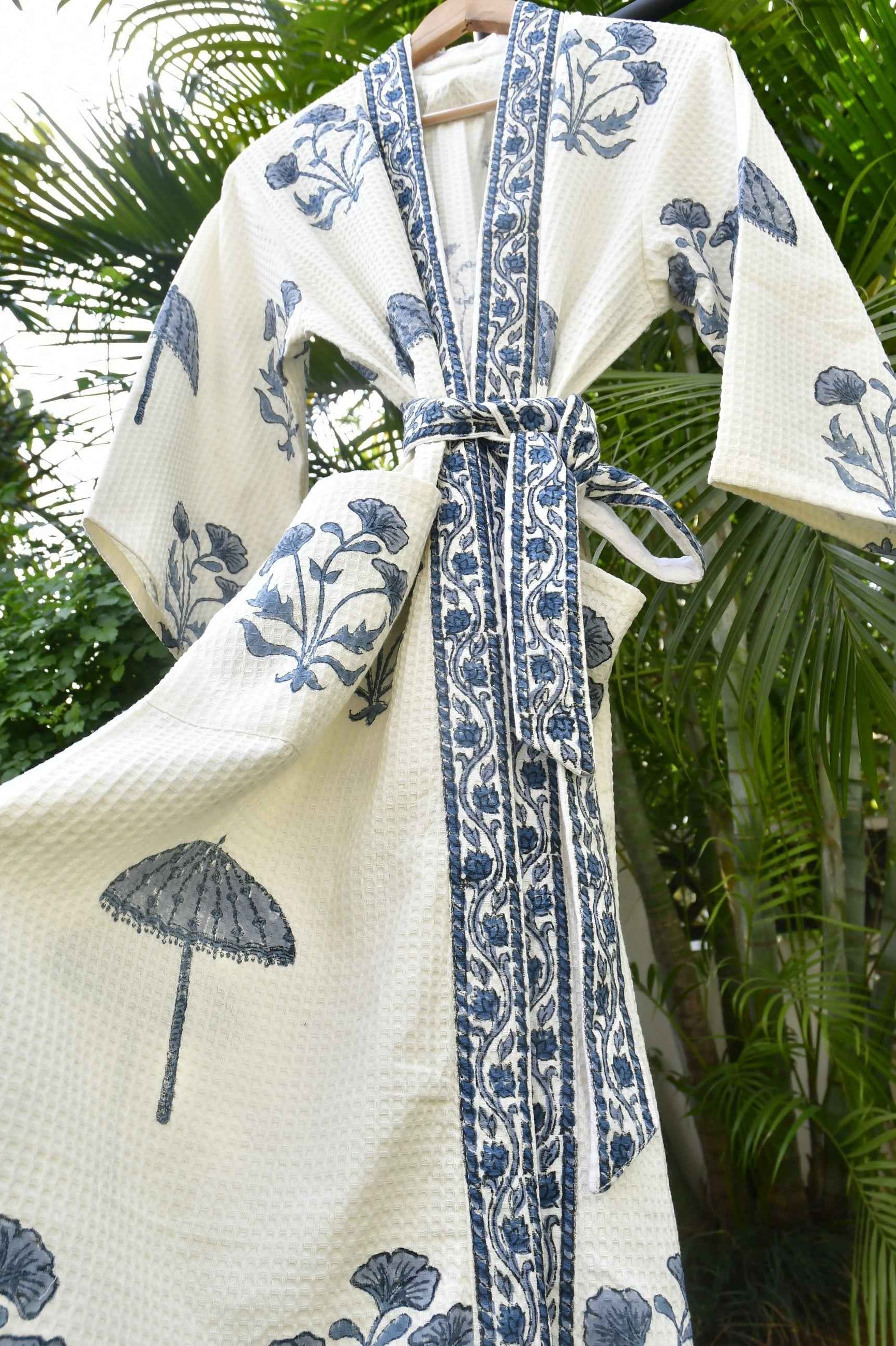 Waffle Bath Robe, Indigo Chattri, Hand Block Print