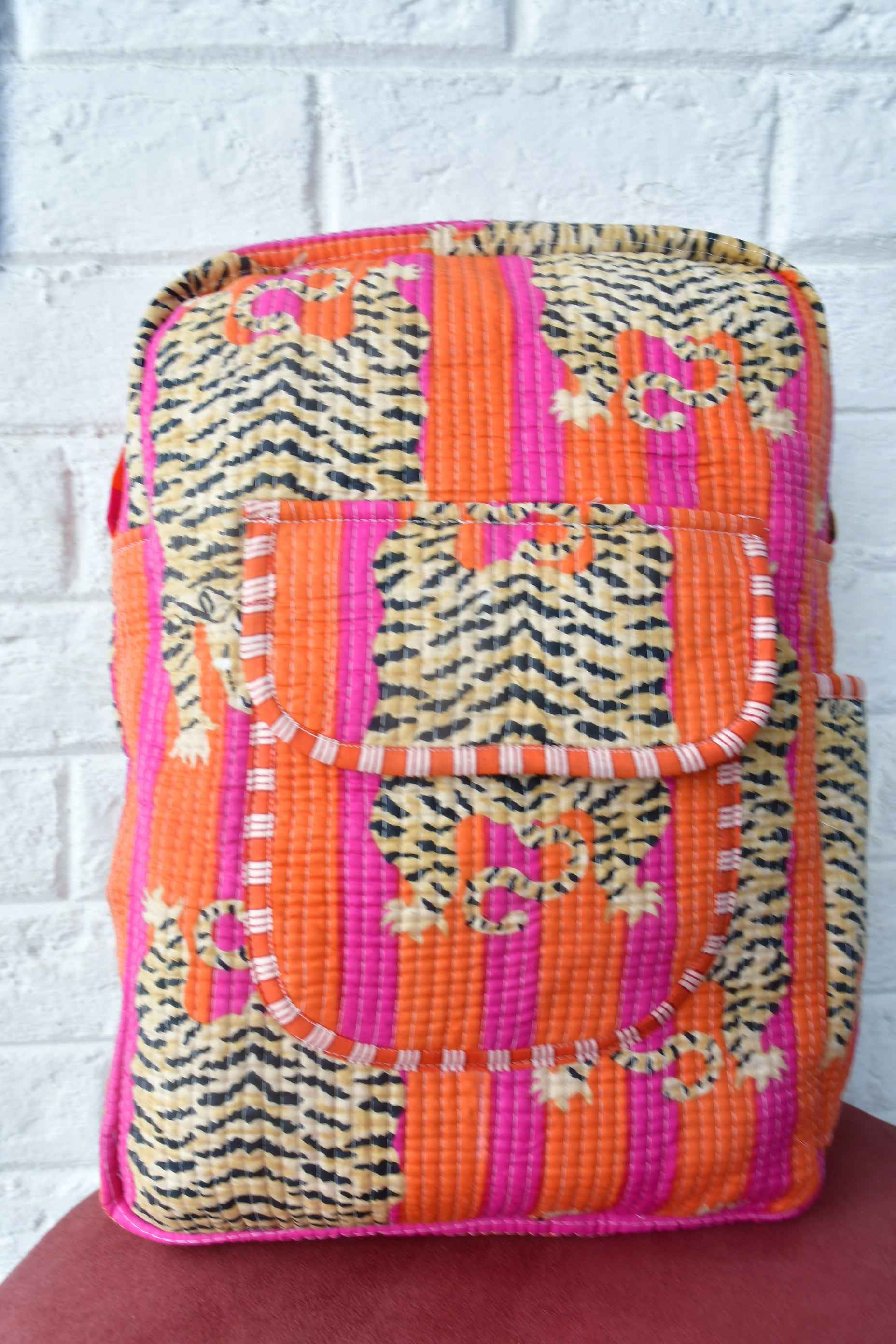 Orange and Pink Tiger Print Handblock Backpack