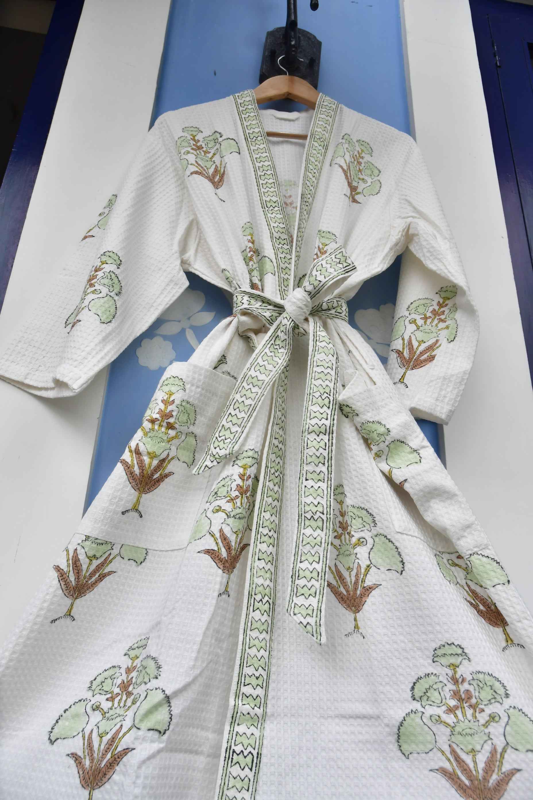 Pista Green Floral waffle cotton Bathrobe