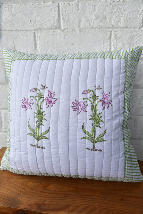 Pink Lilies Quilted Cushion: Hand Block Luxury for Your Sofa (India)
