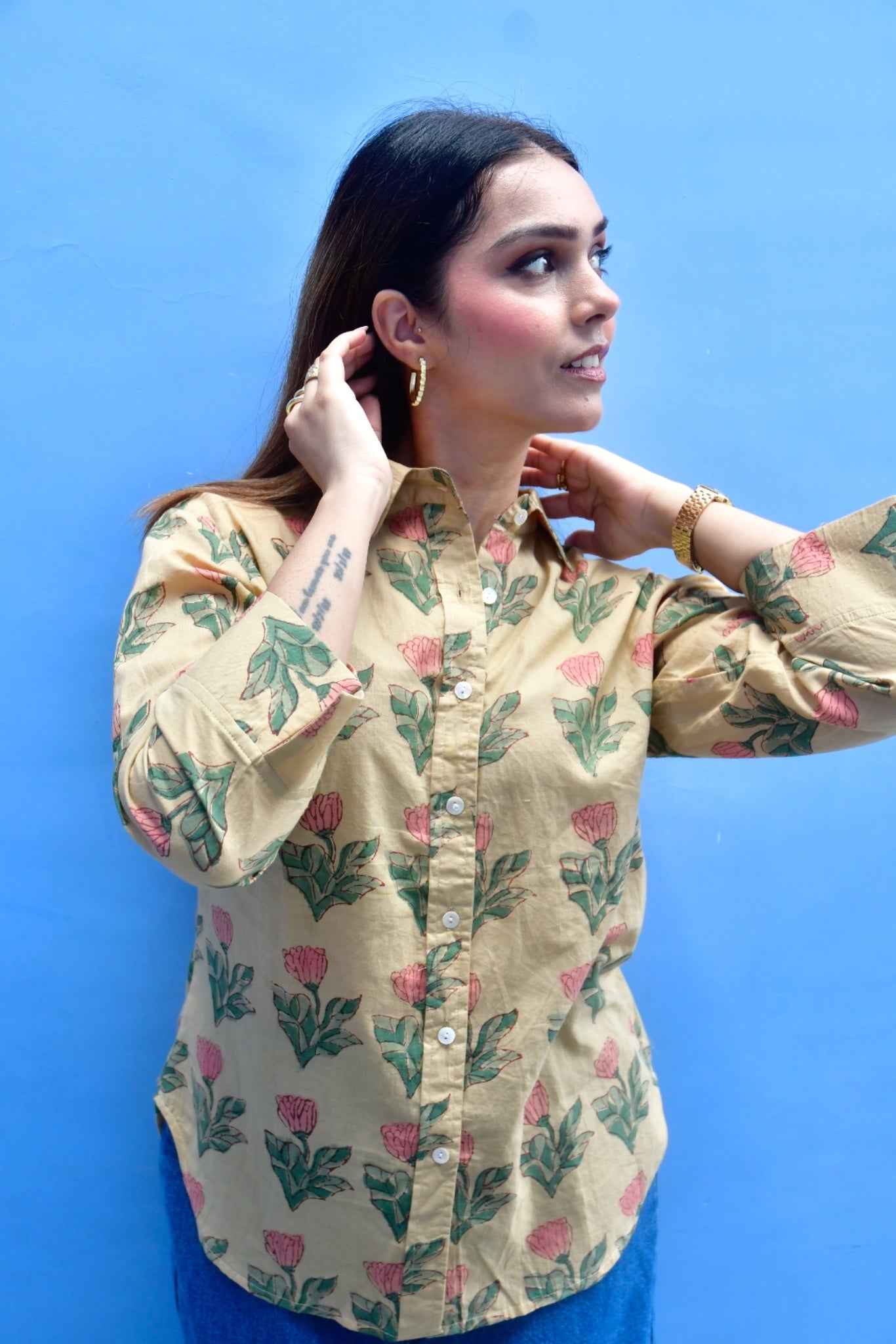 Desert Flower Cotton Shirt for Women | Hand-Block Print Casual Shirt