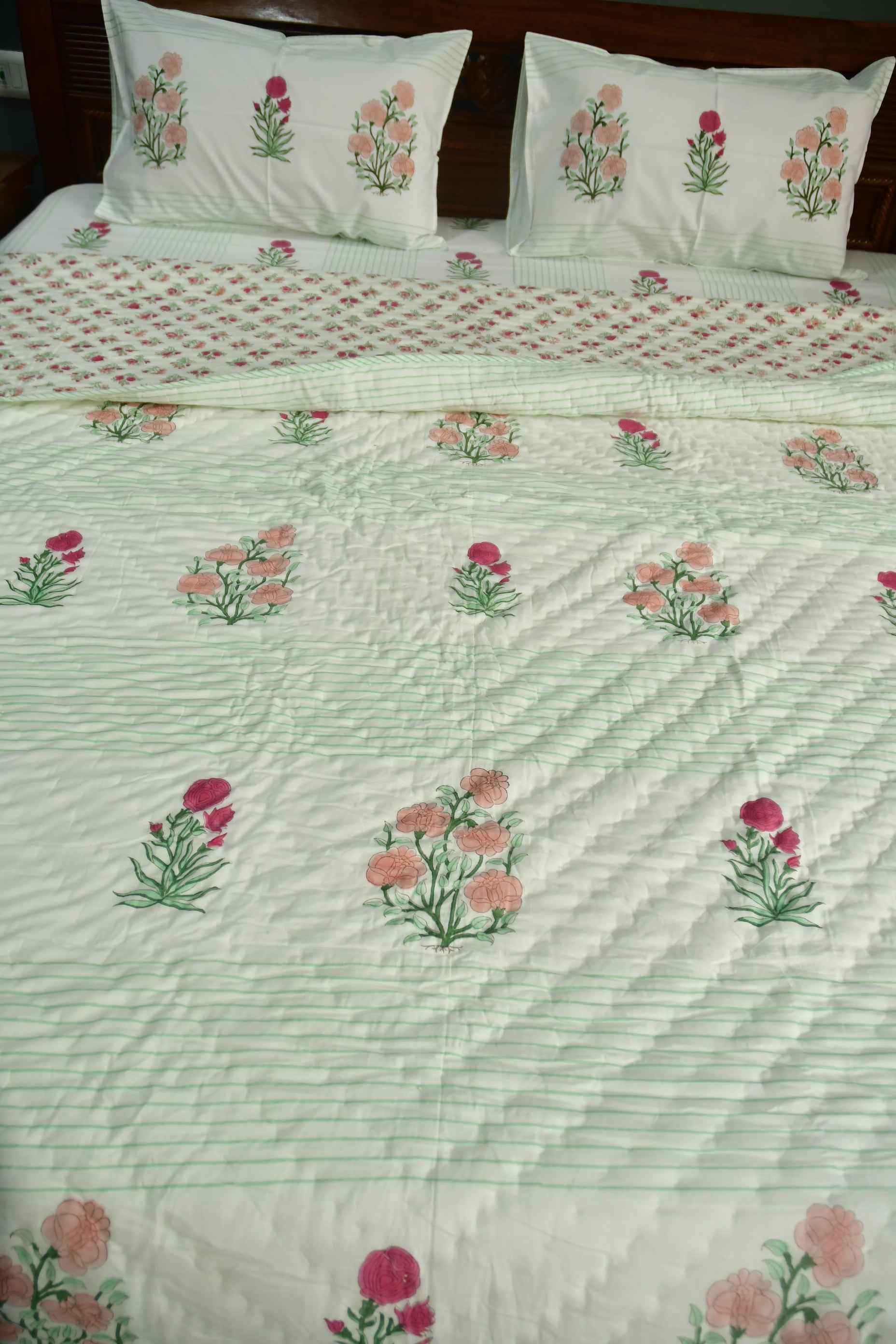 Peach and Pink Floral Premium HandBlock Quilt