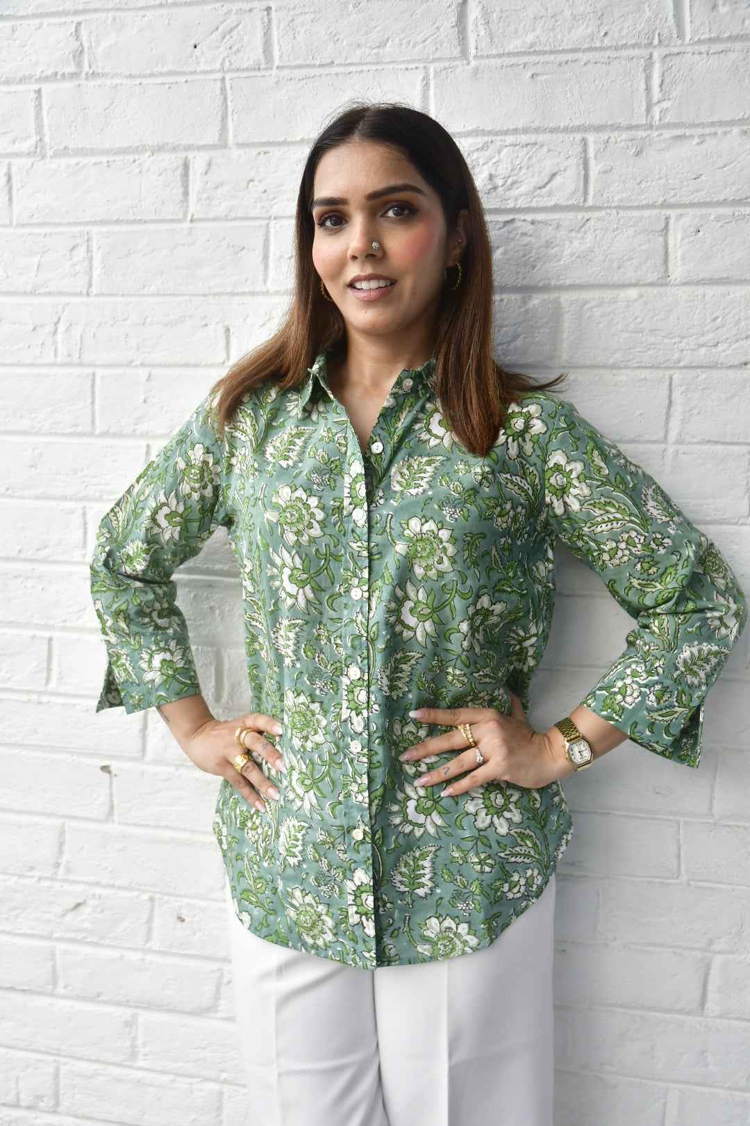 Forever Green and White Floral Cotton Shirt