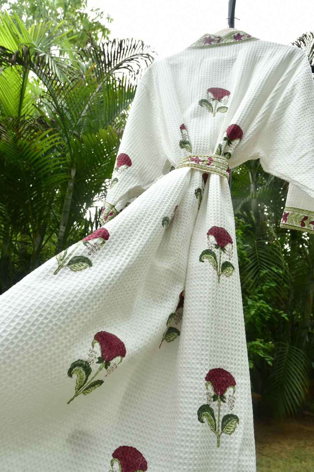 Red Hibiscus Handblock waffle Cotton Bathrobe