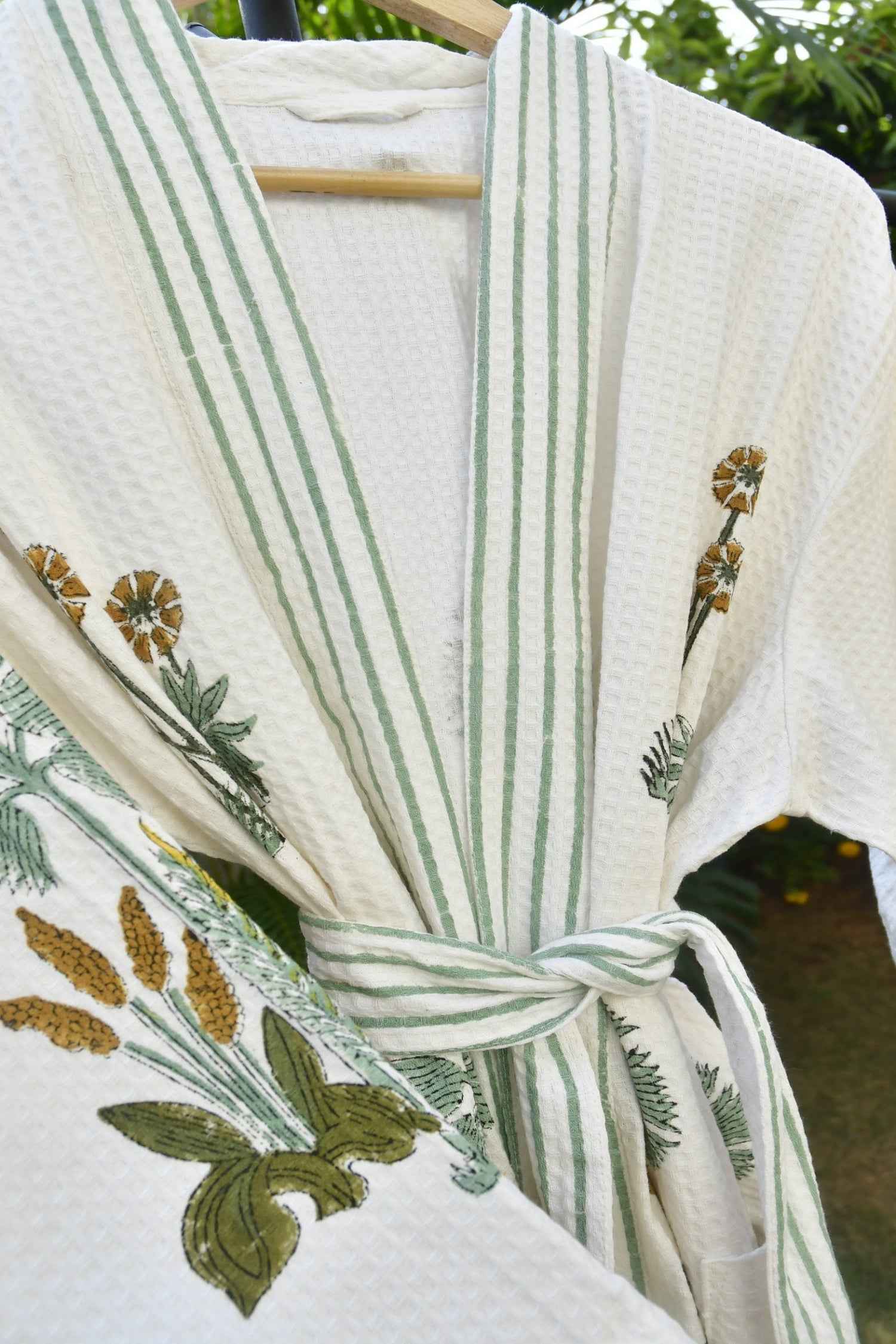Yellow Green Buta Handblock Bathrobe