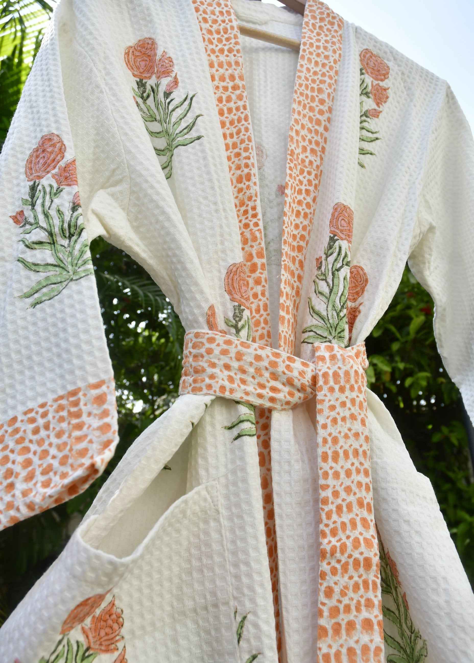 Peach Floral Handblock Waffle Cotton Bathrobe