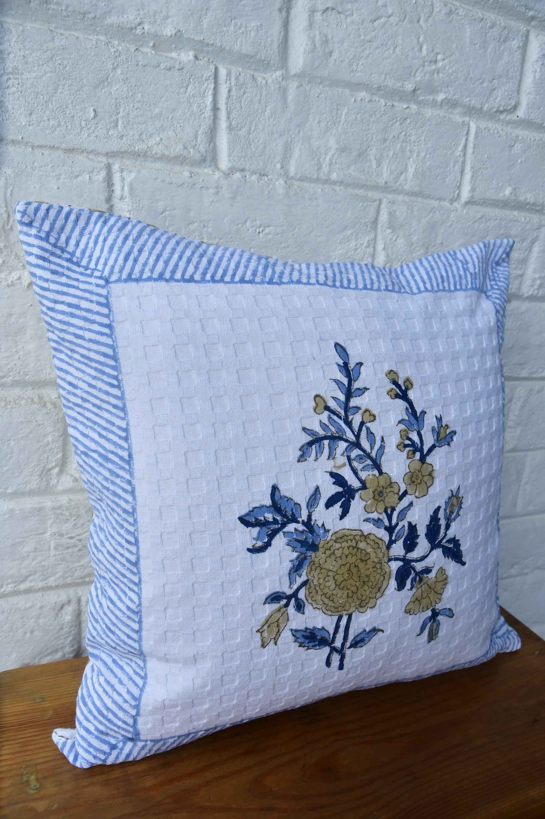 Royal blue with marigold waffle cotton cushion cover