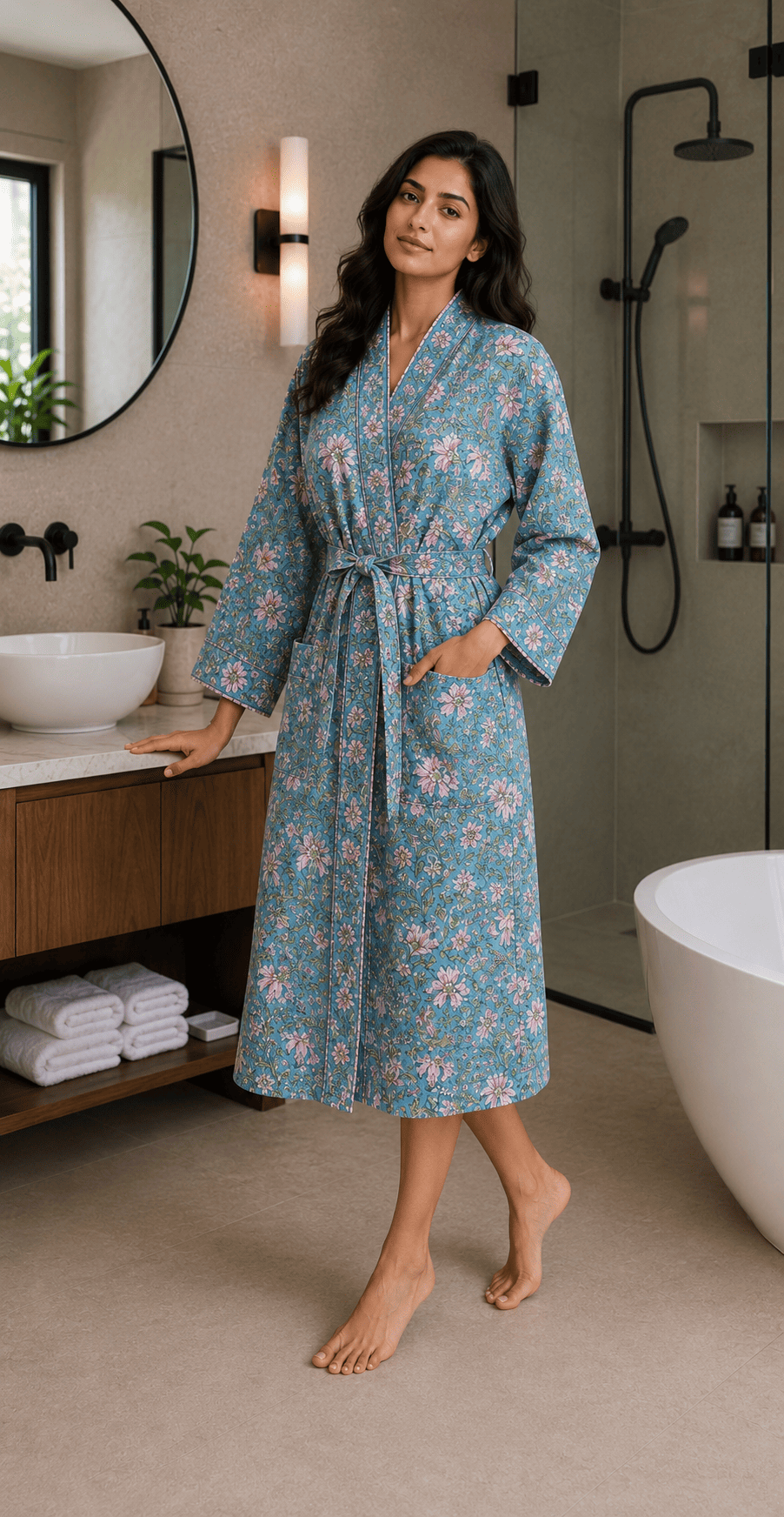 Aqua Blue Pink Floral Hand Block Print Waffle Cotton Bathrobe for Women by FabAmber