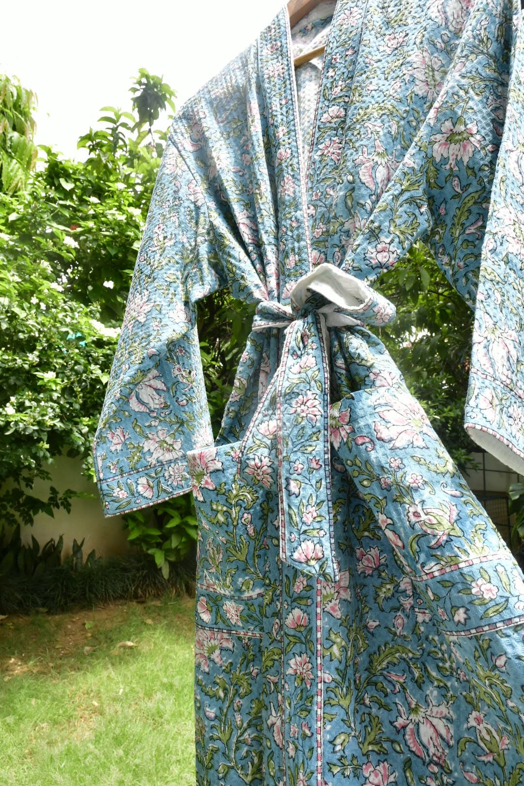 Aqua Blue Pink Floral Hand Block Print Waffle Cotton Bathrobe for Women by FabAmber