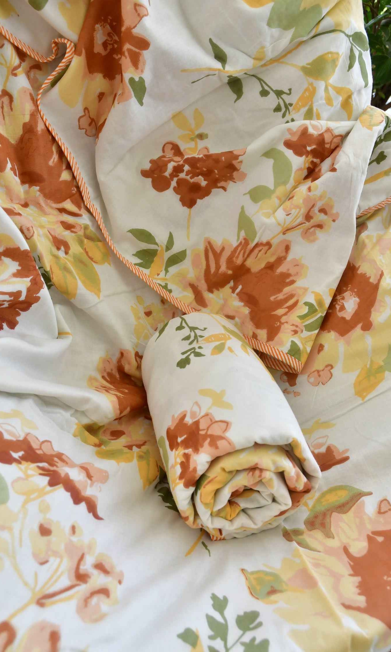 Rust and Yellow Floral Print Dohar | Hand-Blocked