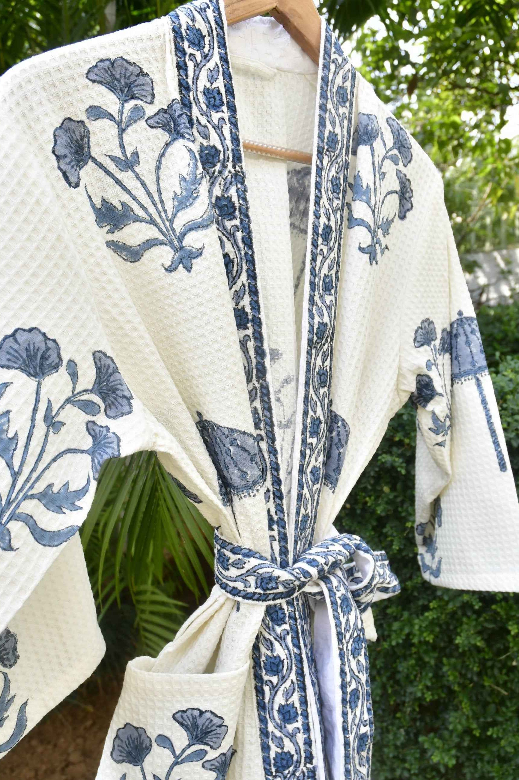 Waffle Bath Robe, Indigo Chattri, Hand Block Print