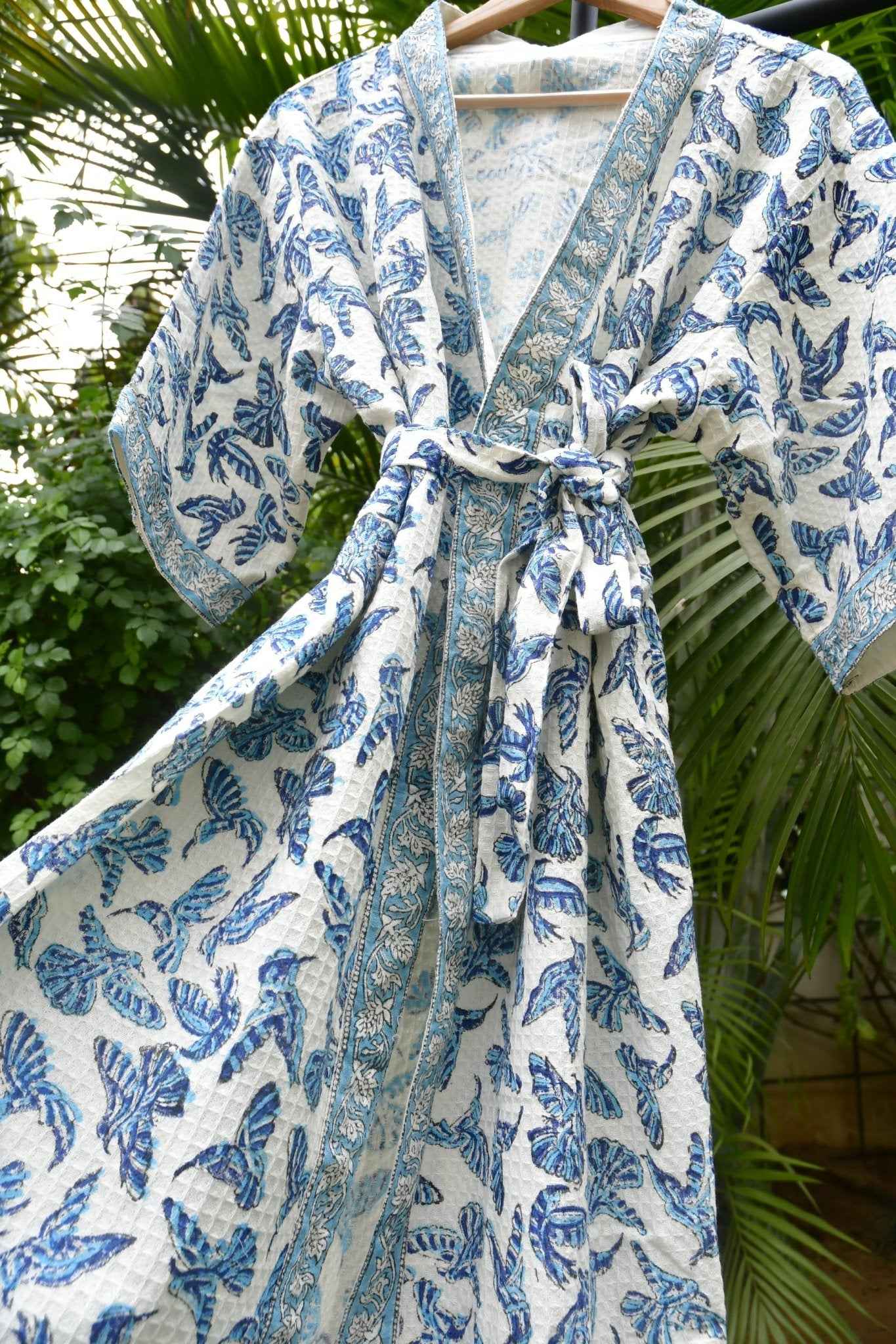 Blue Bird waffle cotton Handblock Bathrobe