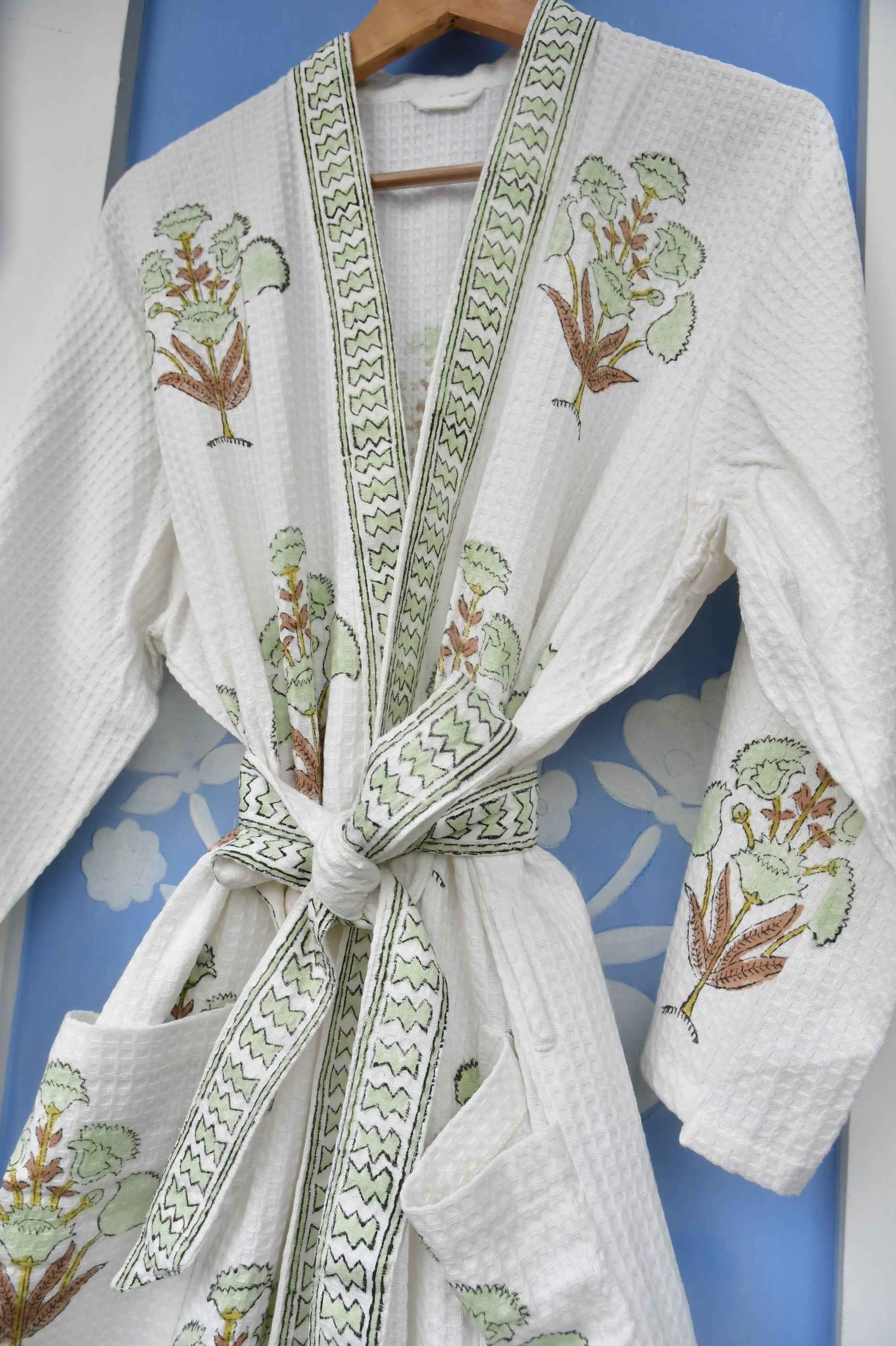 Pista Green Floral waffle cotton Bathrobe