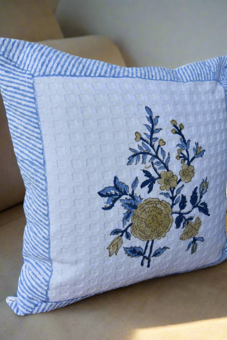 Royal blue with marigold waffle cotton cushion cover