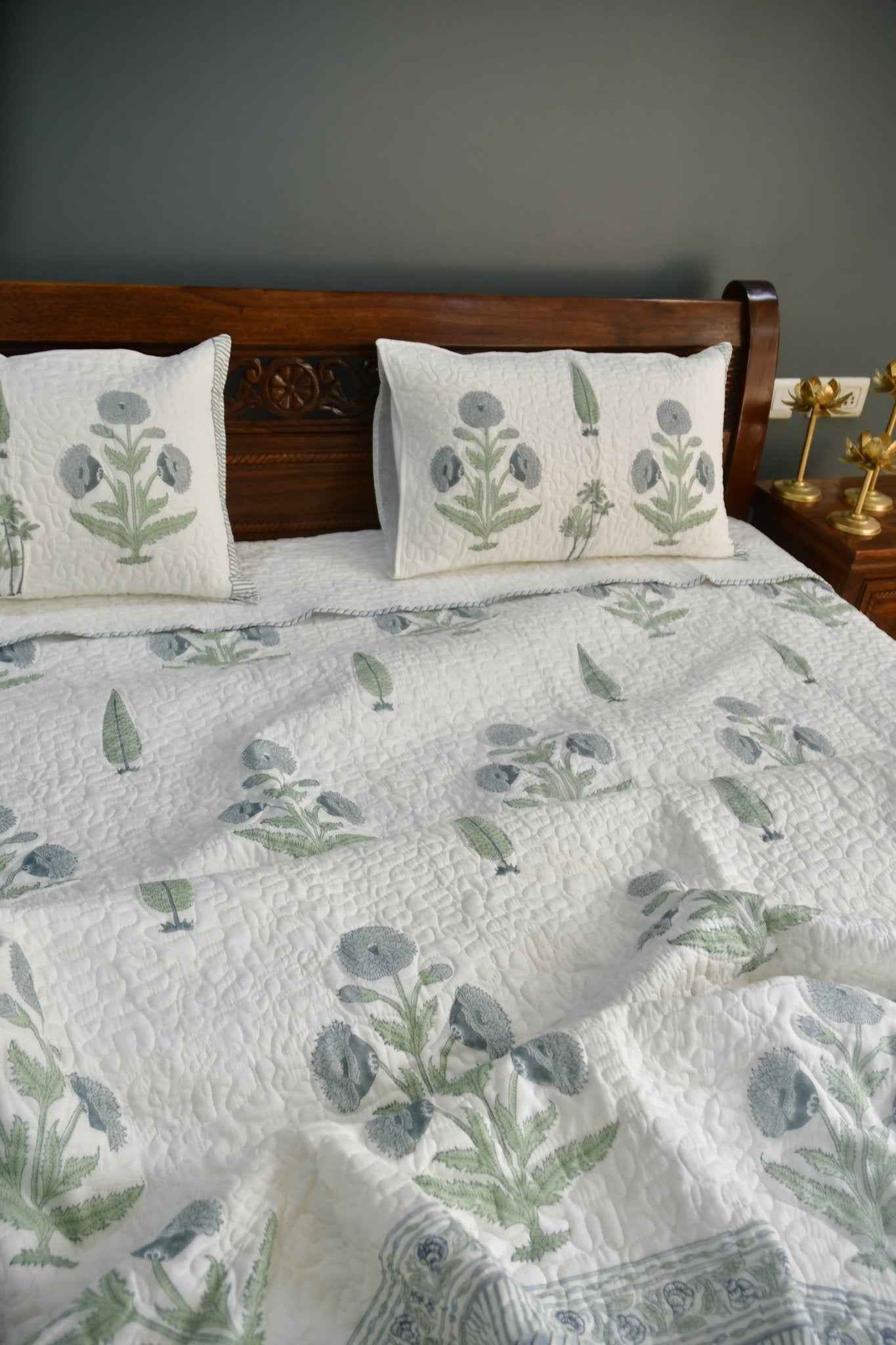 Blue Grey Poppy Quilted Bedcover : Aesthetically Modern