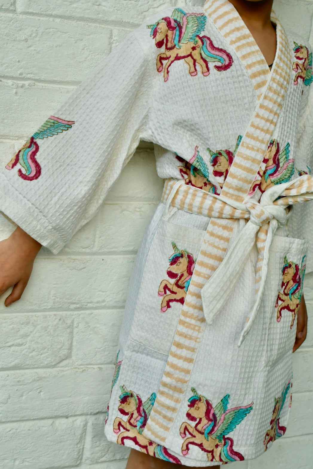 Kids HandBlock Premium Waffle Cotton Bathrobe Unicorn Pattern