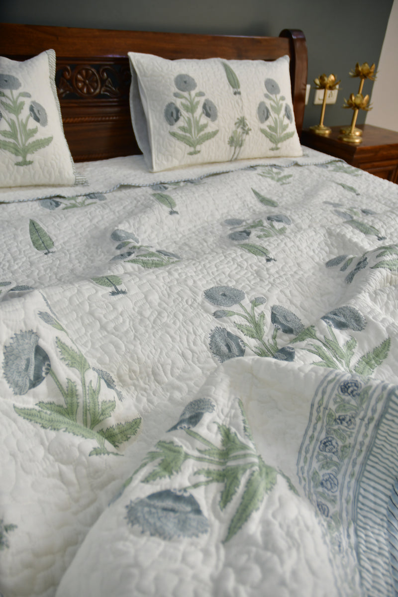 Blue Grey Poppy Quilted bedcover - Jaipur, Rajasthan 