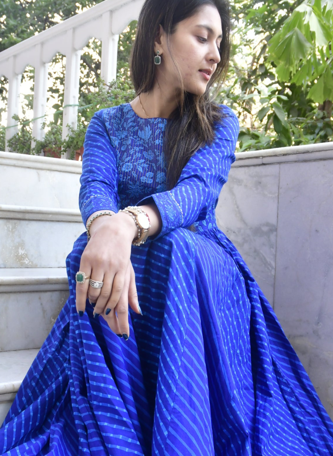 Royal Blue Lehariya Anarkali Handblock : Traditional