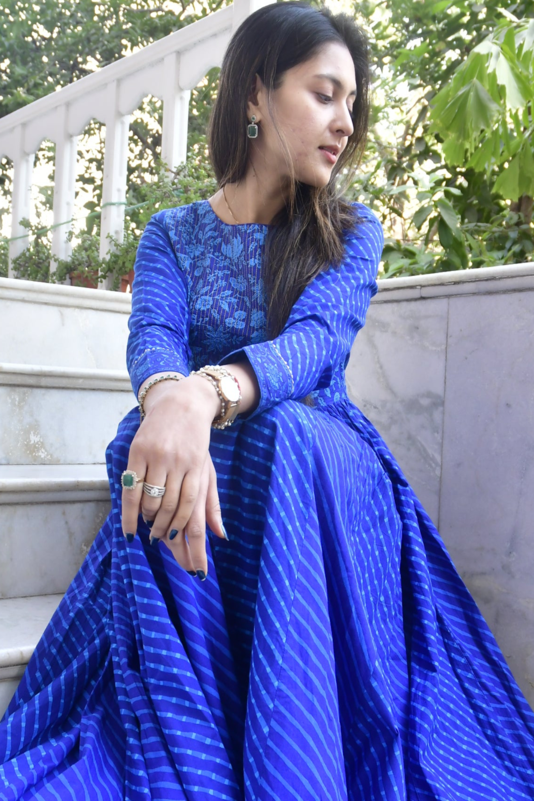 Royal Blue Lehariya Anarkali Handblock : Traditional