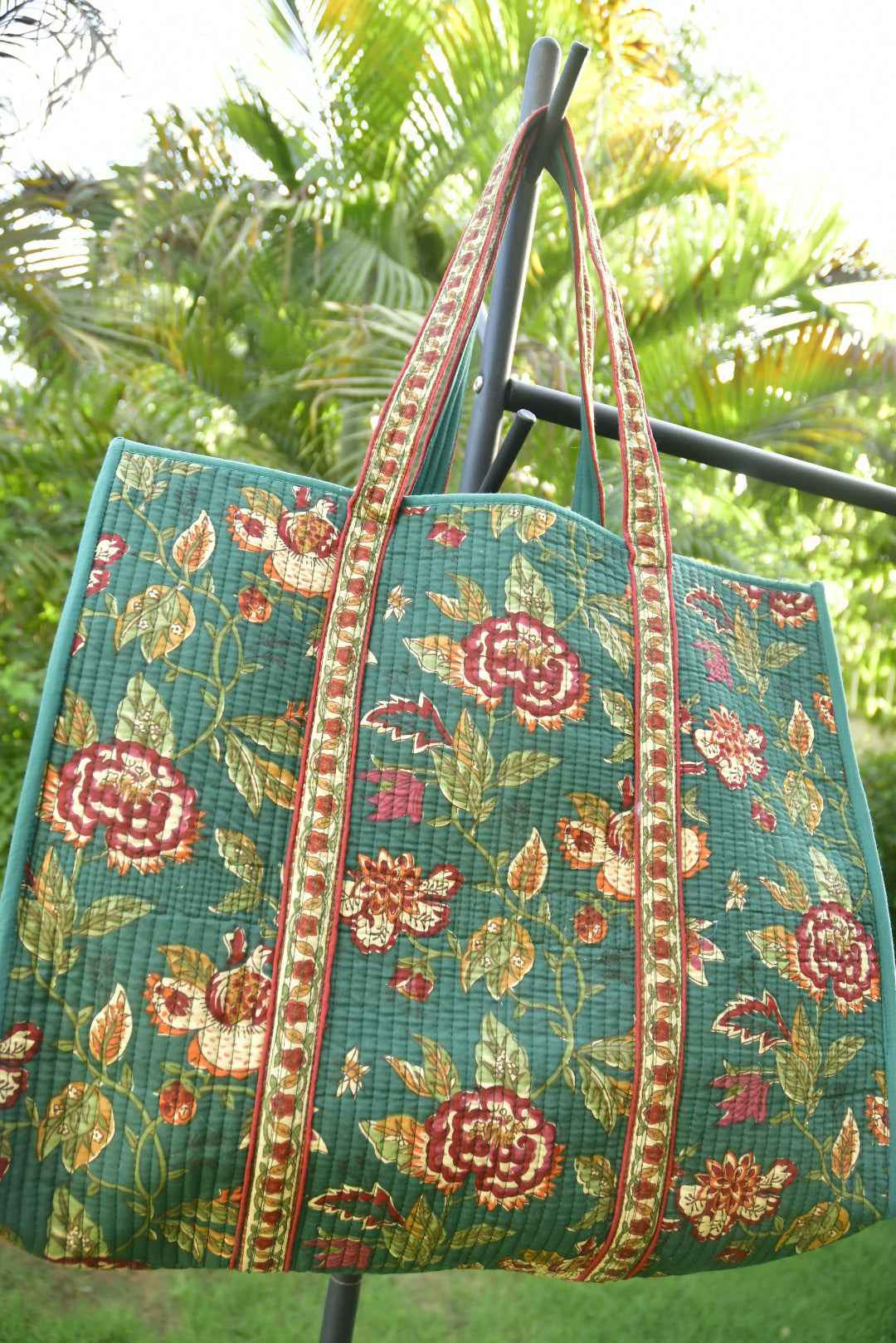 Premium Bottle Green Floral Tote Bag: Hand-Blocked Beauty