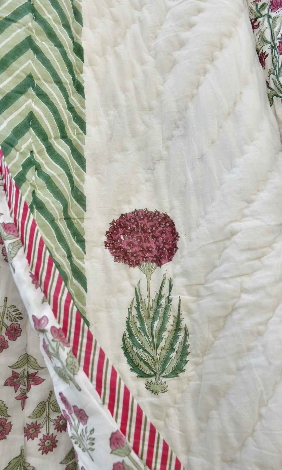 Serene Pink and Green Handblock Cotton Quilt
