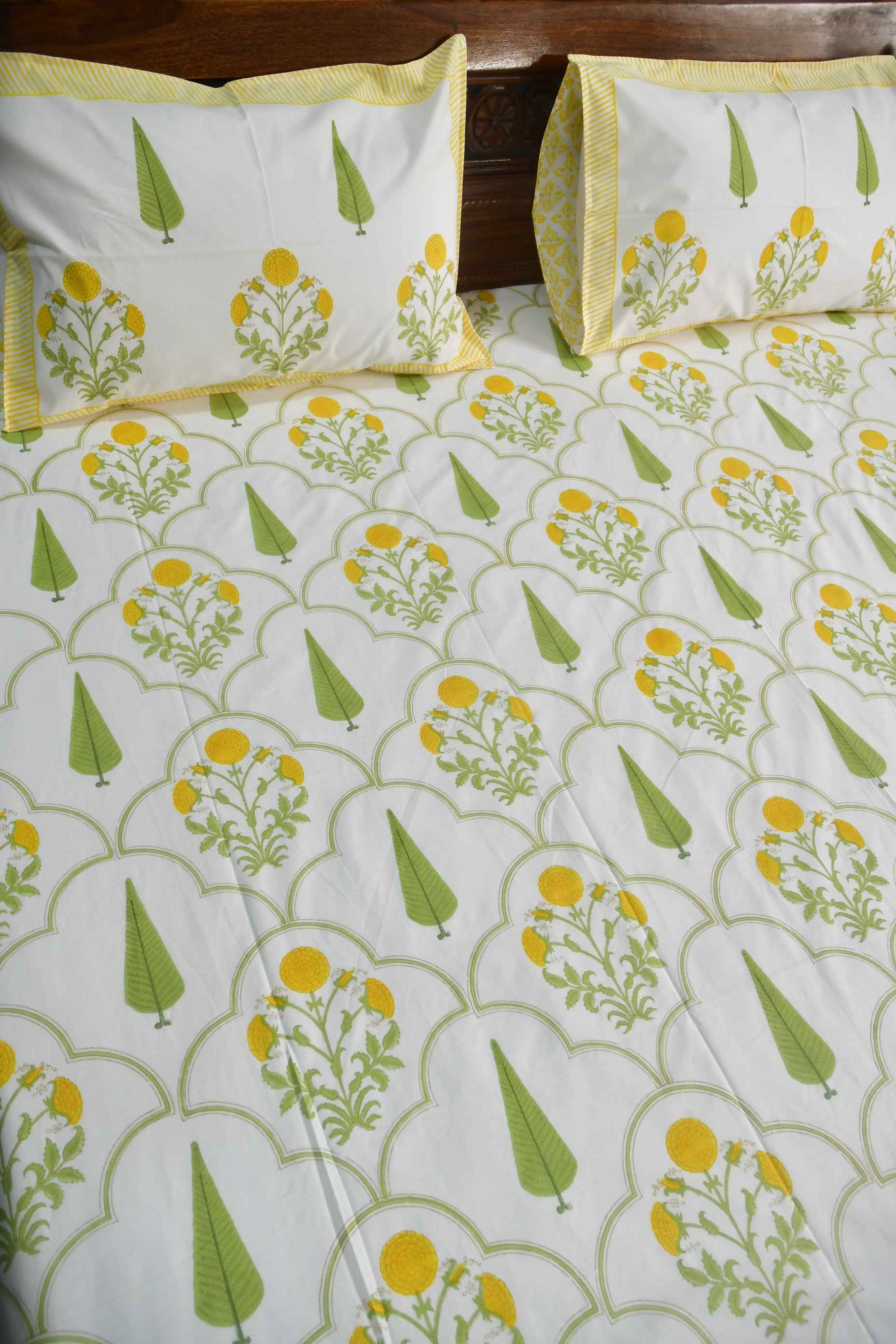 Yellow flower Jaal HandBlock Cotton Bedsheet