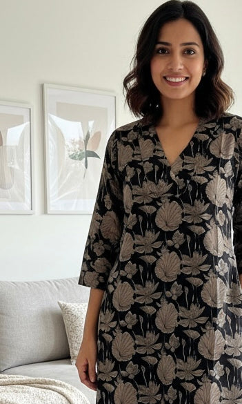 Woman wearing a black floral dress in a living room setting