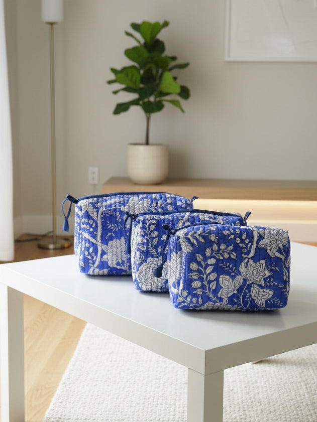 Blue and white patterned bag on a chair