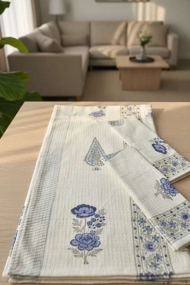 Floral-patterned towel and bath set on a table with a living room in the background