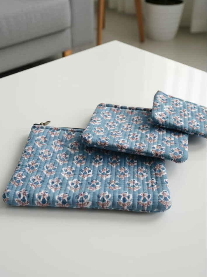 Set of blue floral-patterned pouches on a white surface with a blurred background