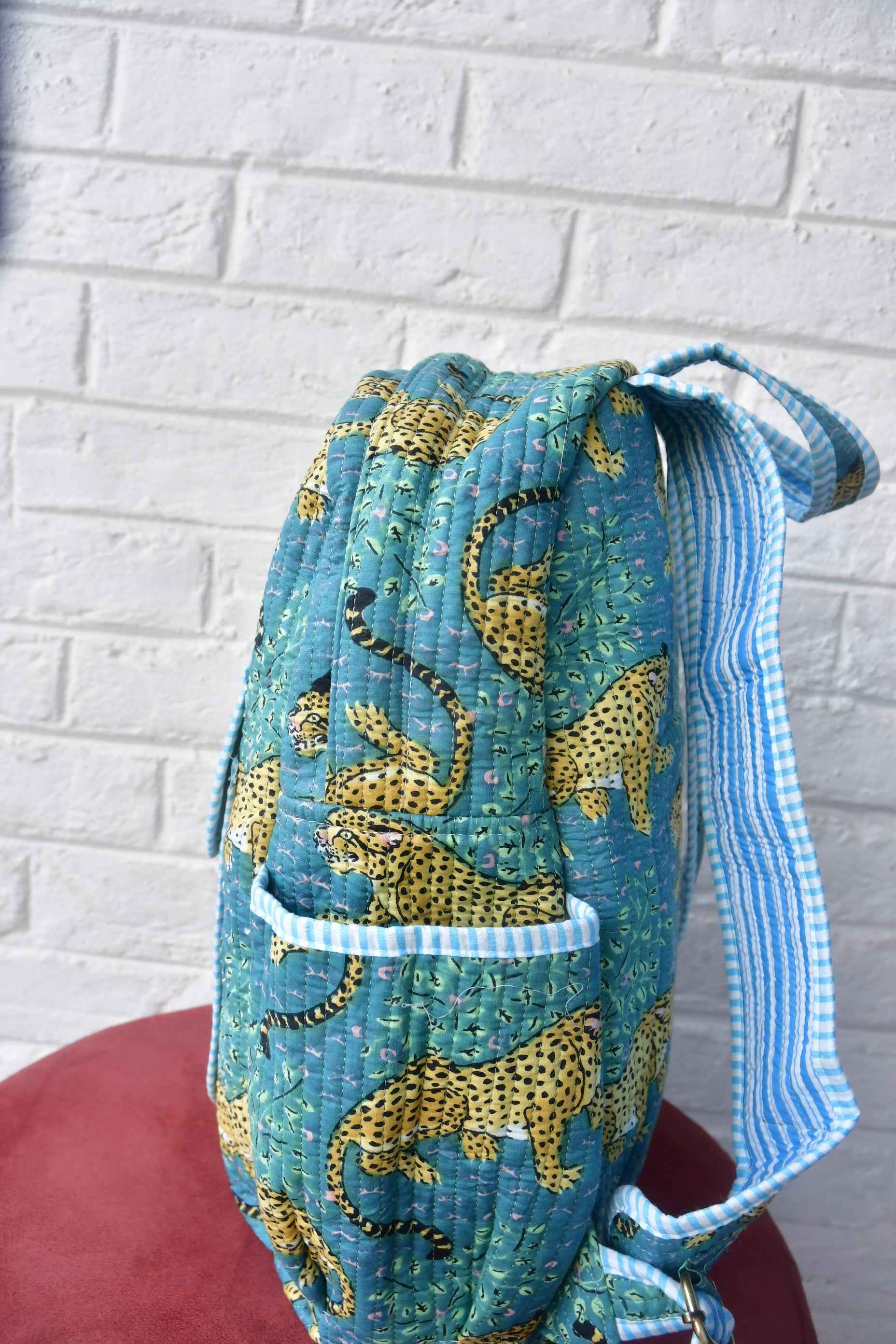 Leopard Print Blue Handblock Cotton Backpack