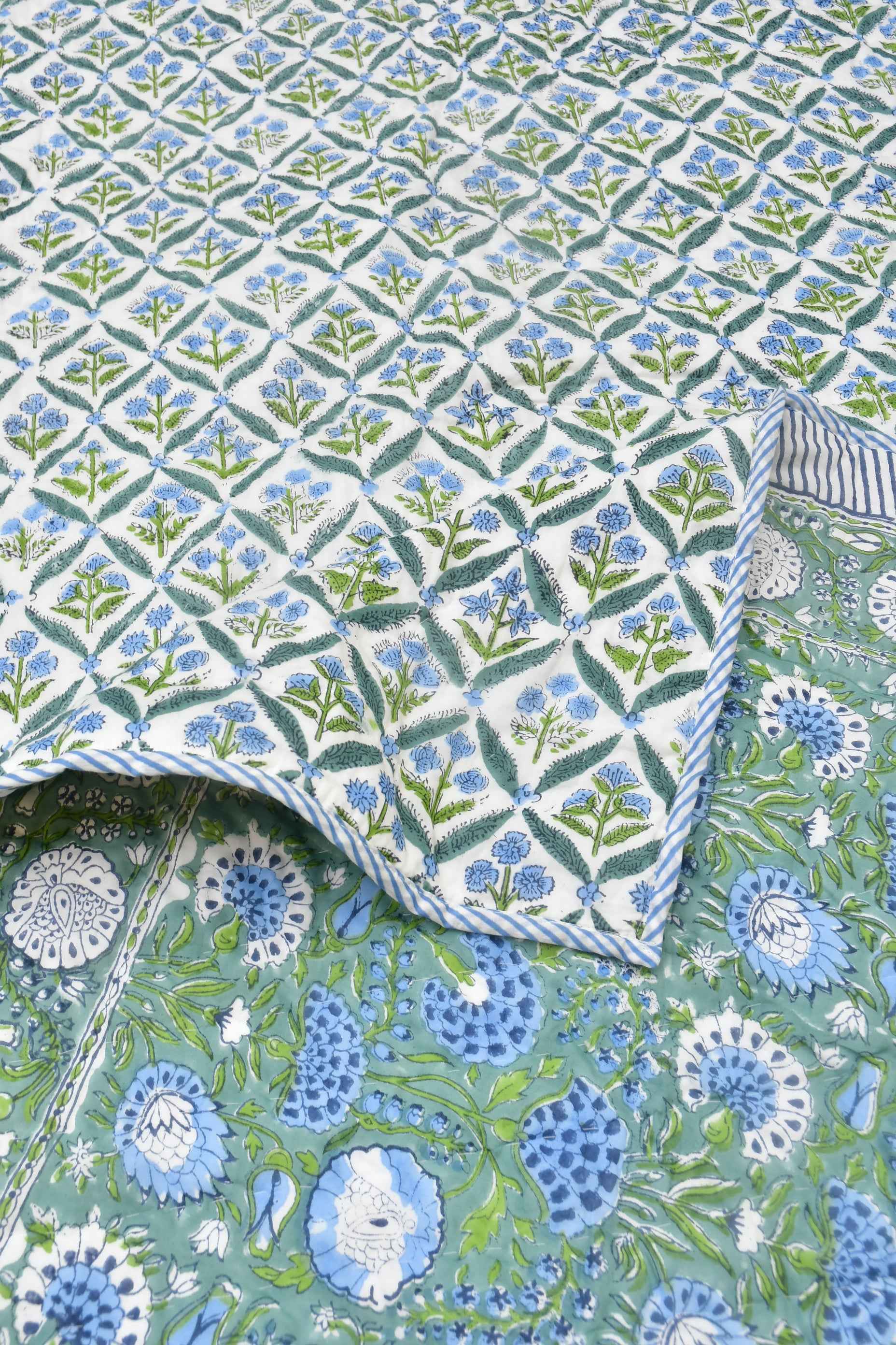 Green Love Handblock Reversible Quilt