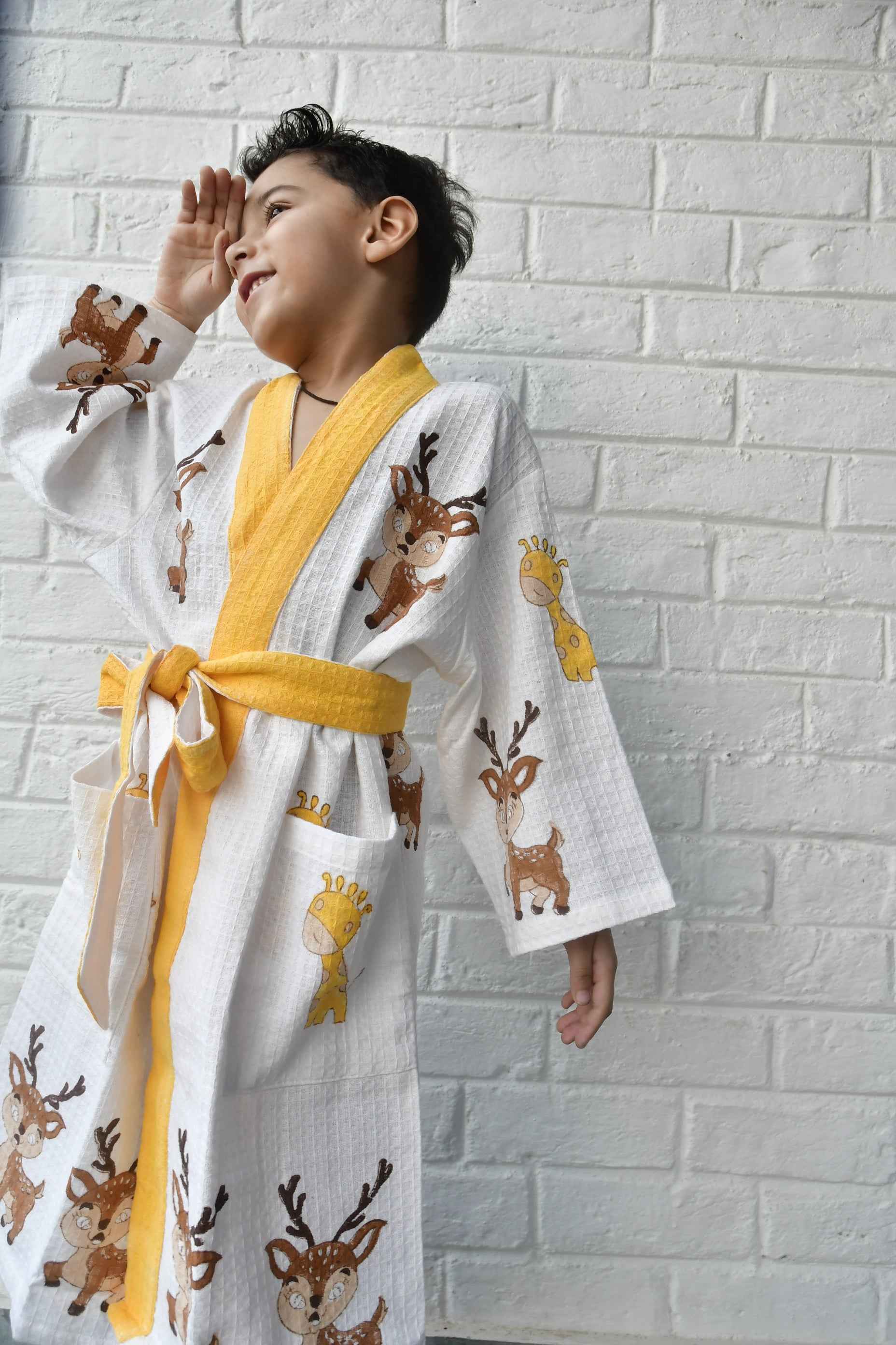 Kids HandBlock Premium Waffle Cotton Bathrobe Deer pattern