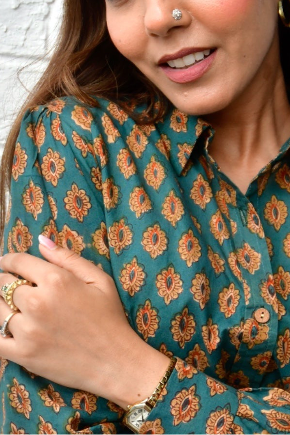 Beetle Green Classic Buta Cotton Shirt