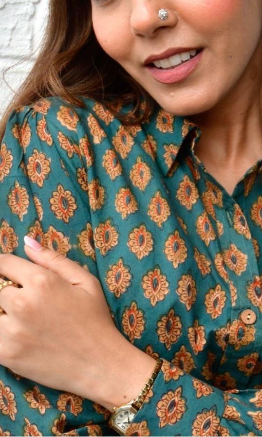 Beetle Green Classic Buta Cotton Shirt