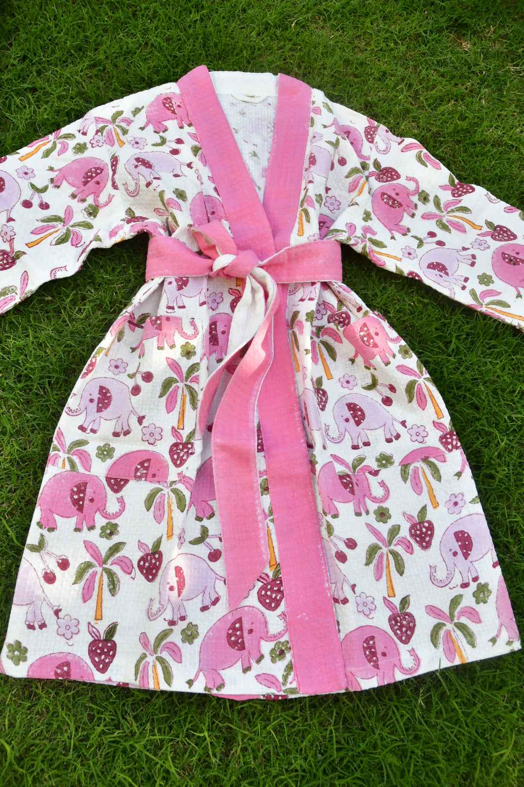 Kids Handblock Premium Cotton Bathrobe Pink Elephant pattern