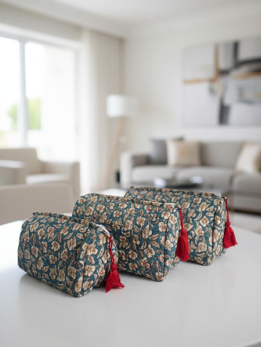 Set of three floral-patterned pouches with red accents on a white background